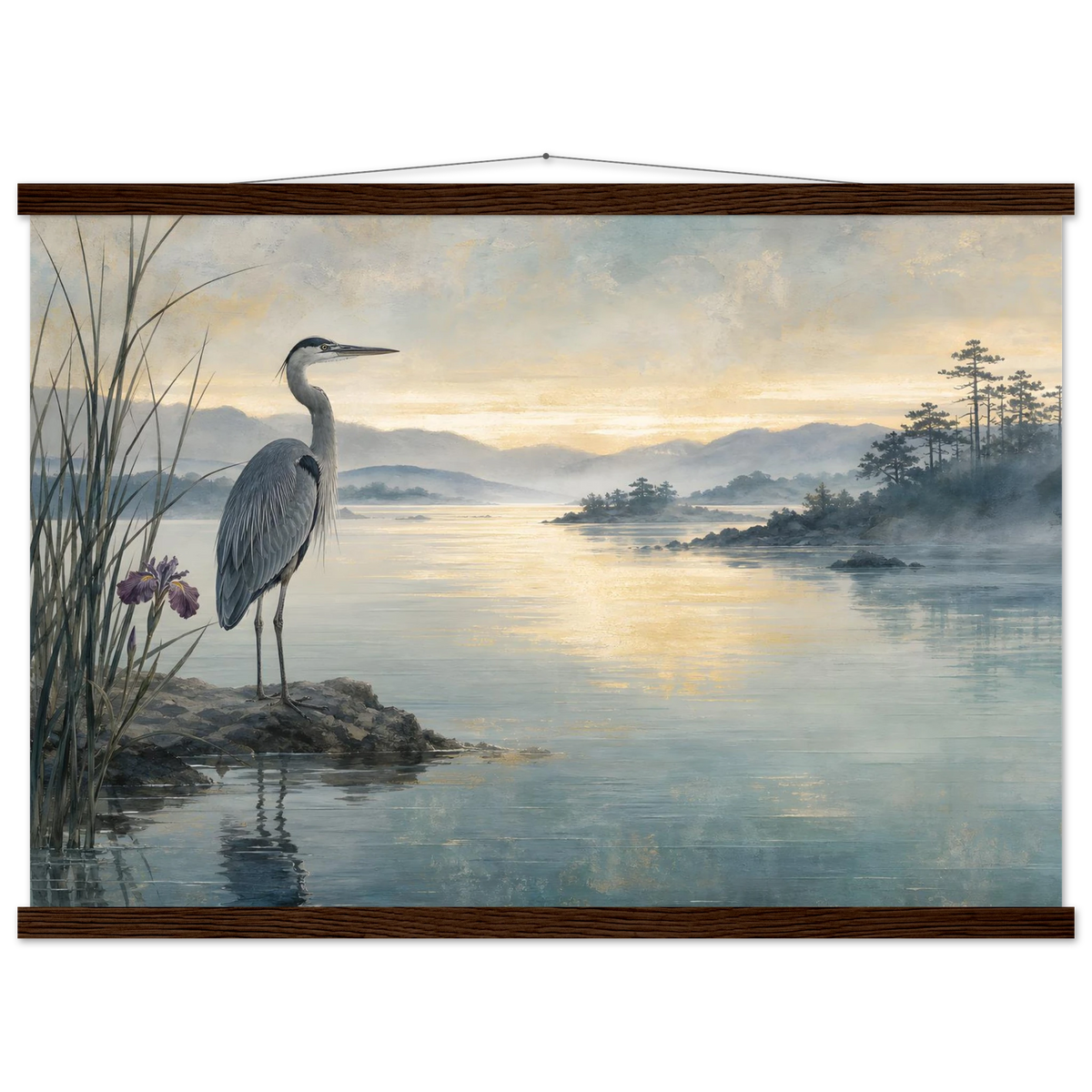 Heron at Dawn, japanese art and japandi. Archival fine art poster shown framed.