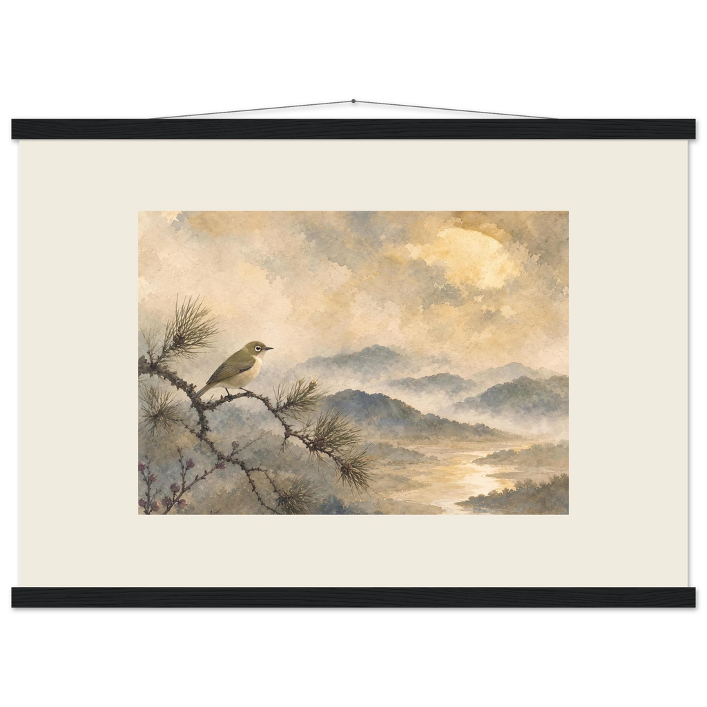Golden Moon Bird, japanese art and japandi. Archival fine art poster shown framed.