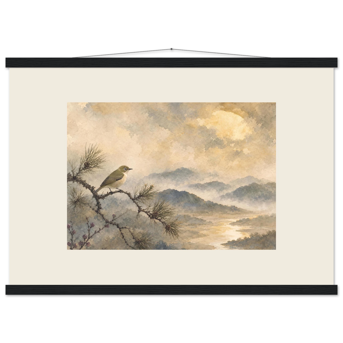 Golden Moon Bird, japanese art and japandi. Archival fine art poster shown framed.