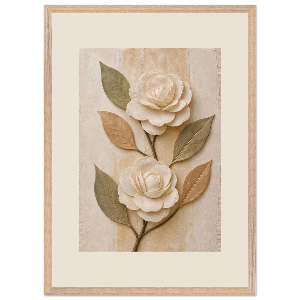 Carved Camellia: flowers and botanical. Framed fine art print, alternate frame and size.