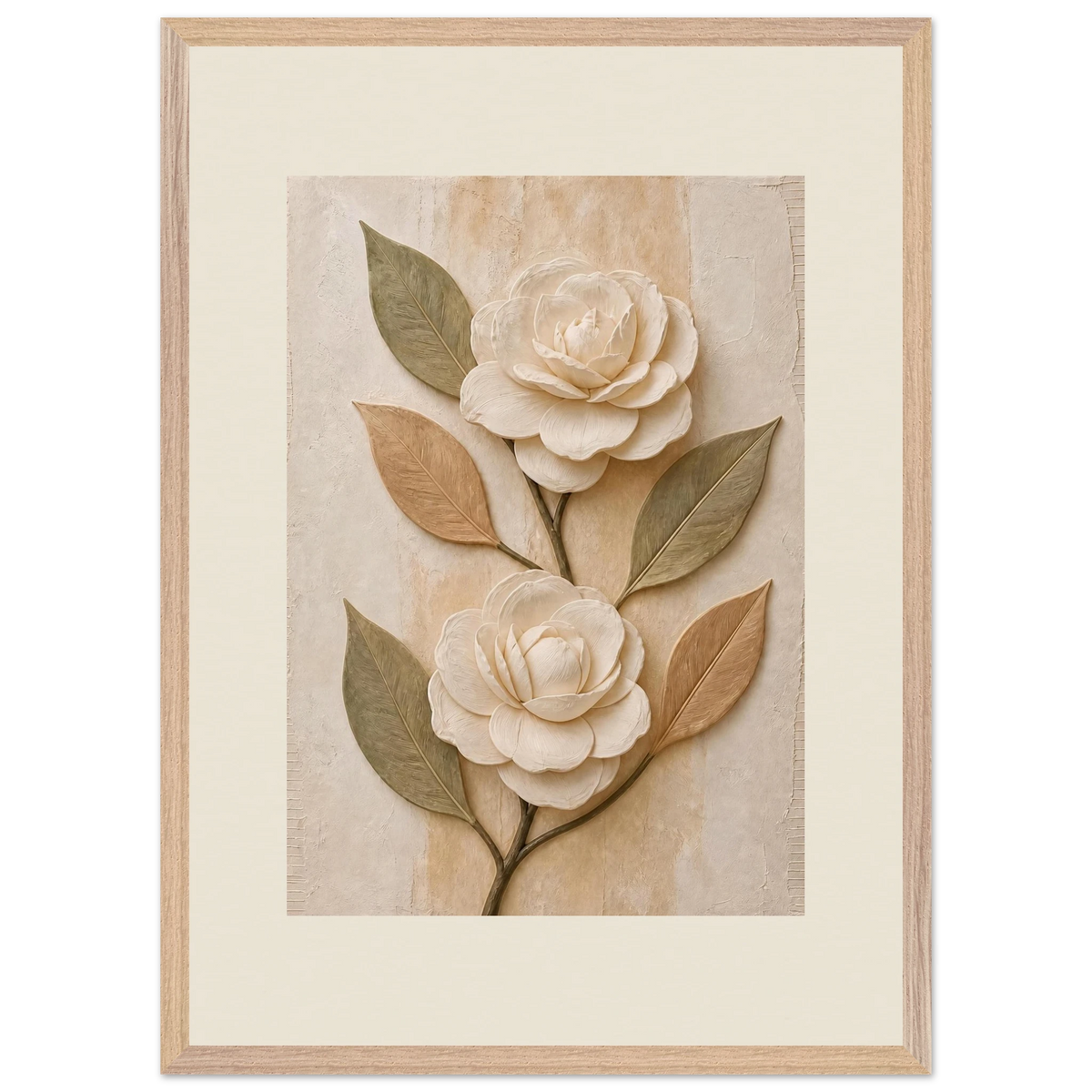 Carved Camellia: flowers and botanical. Framed fine art print, alternate frame and size.
