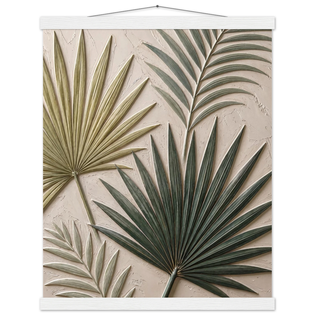 Carved Fronds, impasto, leaves and sand tones. Archival fine art poster shown framed.