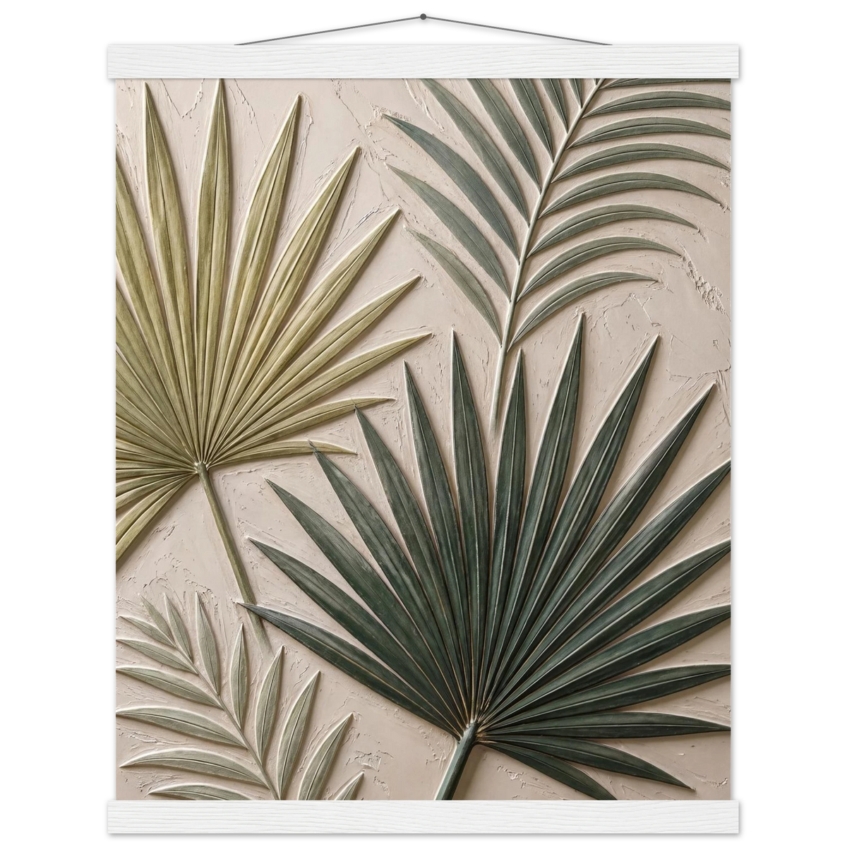 Carved Fronds, impasto, leaves and sand tones. Archival fine art poster shown framed.