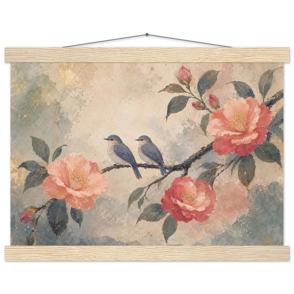 Camellia Birds: flowers and botanical. Fine art poster, alternate frame and size.