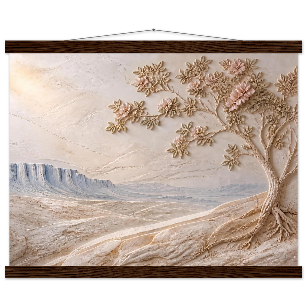 Cliffside Bloom: petra and flora. Museum-quality fine art poster.