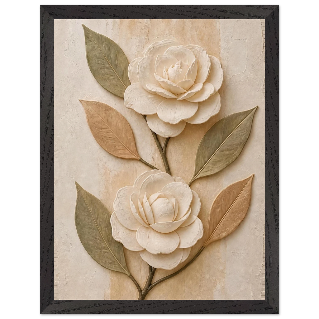 Carved Camellia, flowers and botanical. Archival framed fine art print shown framed.