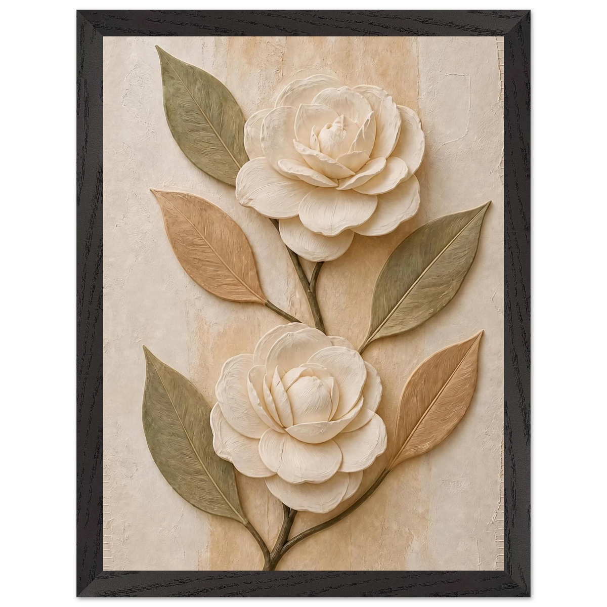 Carved Camellia, flowers and botanical. Archival framed fine art print shown framed.