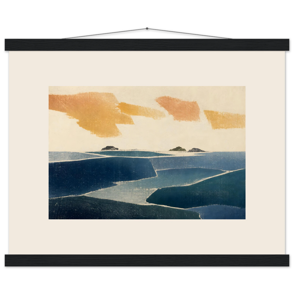 Amber and Indigo: abstract, coastline and color field. Fine art poster, alternate frame and size.