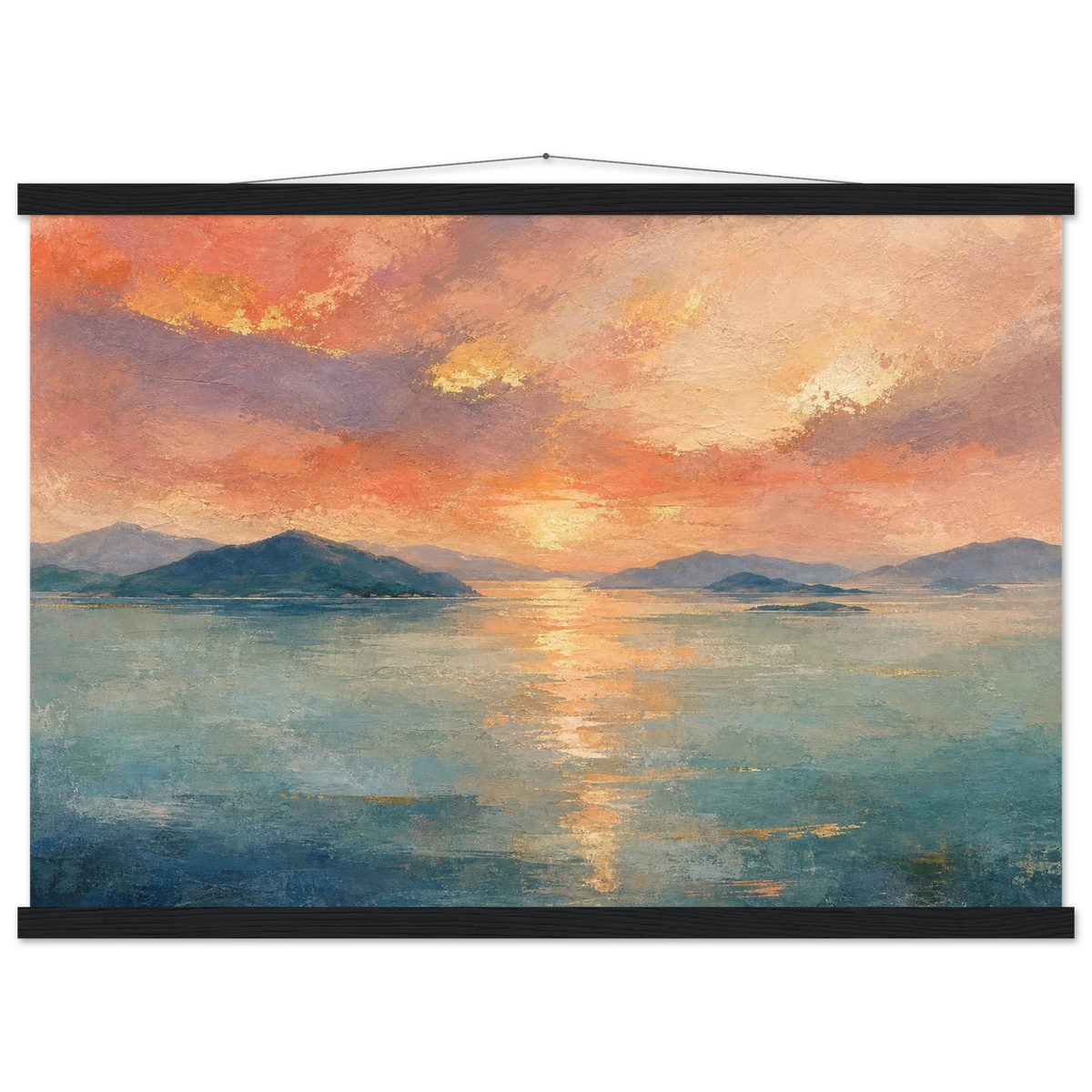 Setouchi Peach Dawn: inland sea, islands and golden reflection. Fine art poster with wooden hanger by The Light Stays.