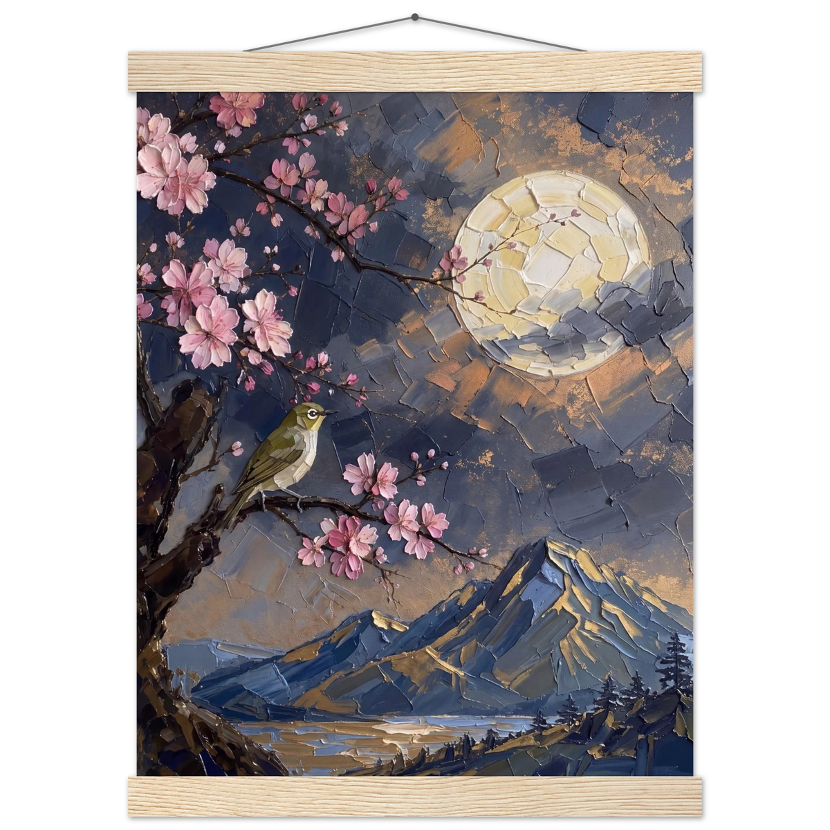 Blossom Moon: cherry blossom, japanese landscape and night. Fine art poster with wooden hanger by The Light Stays.
