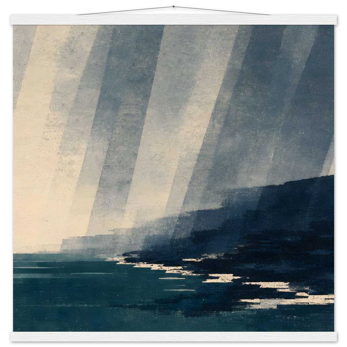 Rain Coast: japandi, teal blue and atmosphere. Fine art poster with wooden hanger by The Light Stays.