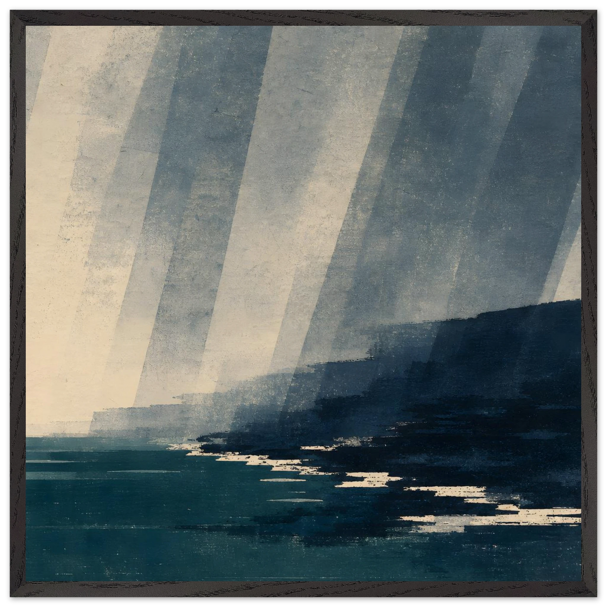 Rain Coast: japandi, teal blue and atmosphere. Framed fine art print by The Light Stays.
