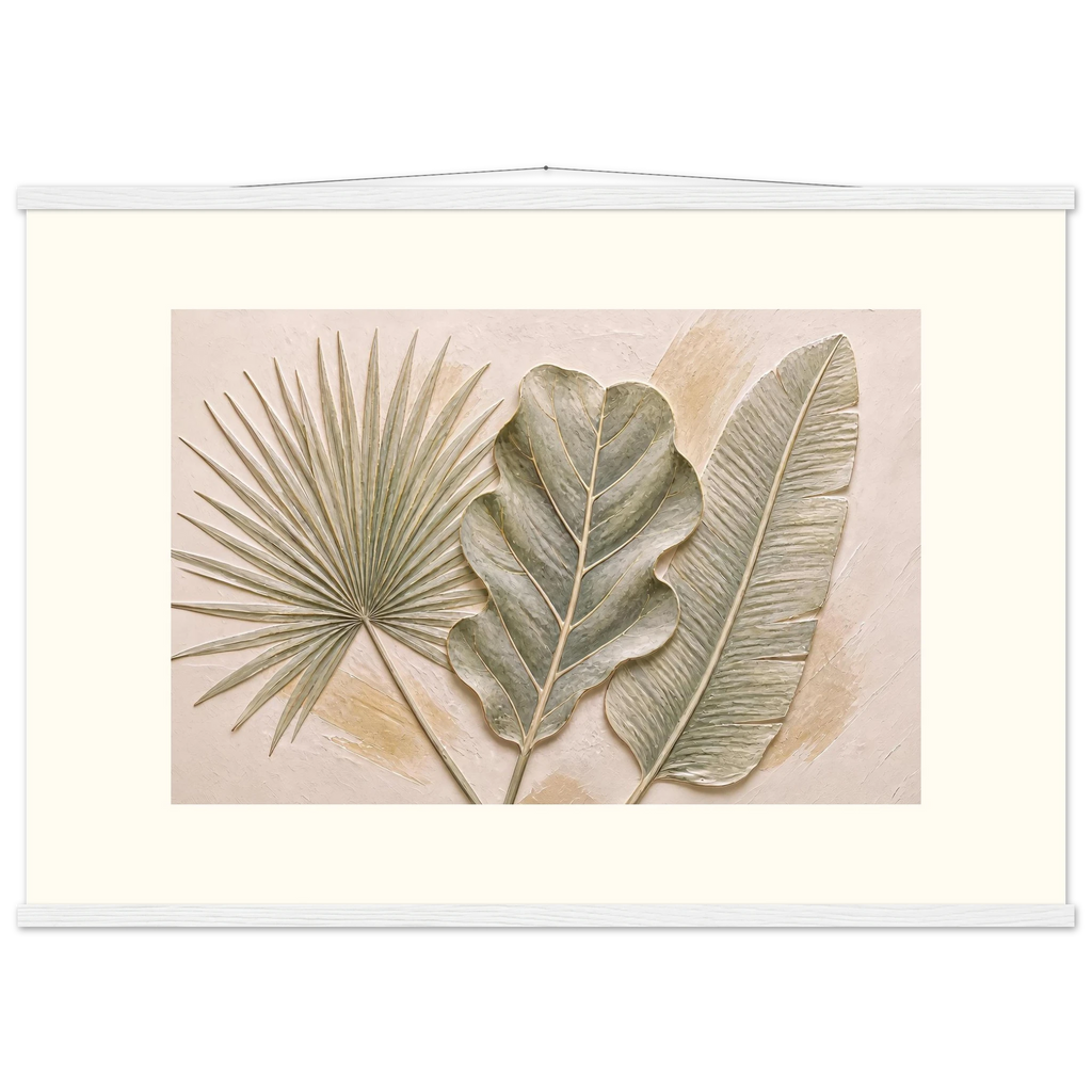 Three Leaves, botanical and nature. Archival fine art poster shown framed.