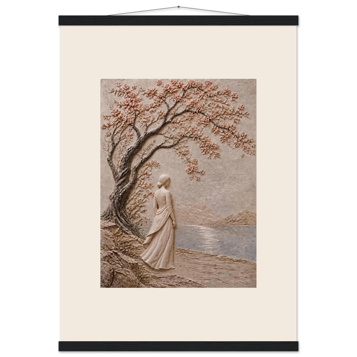 Spring Walk: impasto, lake and blossoming tree. Museum-quality fine art poster.