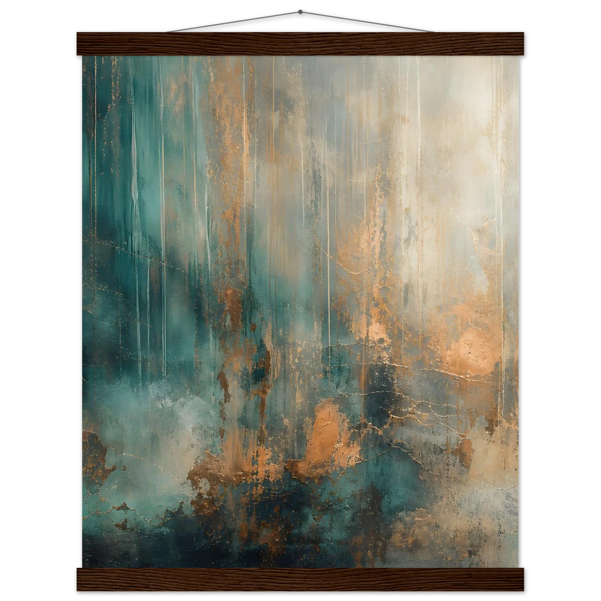 Copper Rain: abstract, texture and metallic tones. Fine art poster with wooden hanger by The Light Stays.