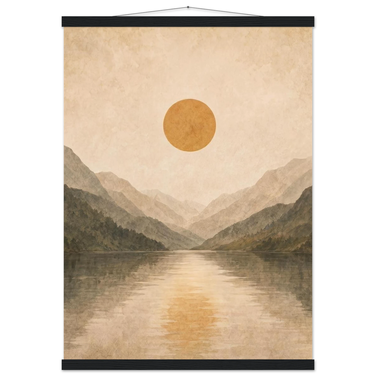 Lake Mirror: mountains, sunset and sun reflection. Fine art poster with wooden hanger by The Light Stays.