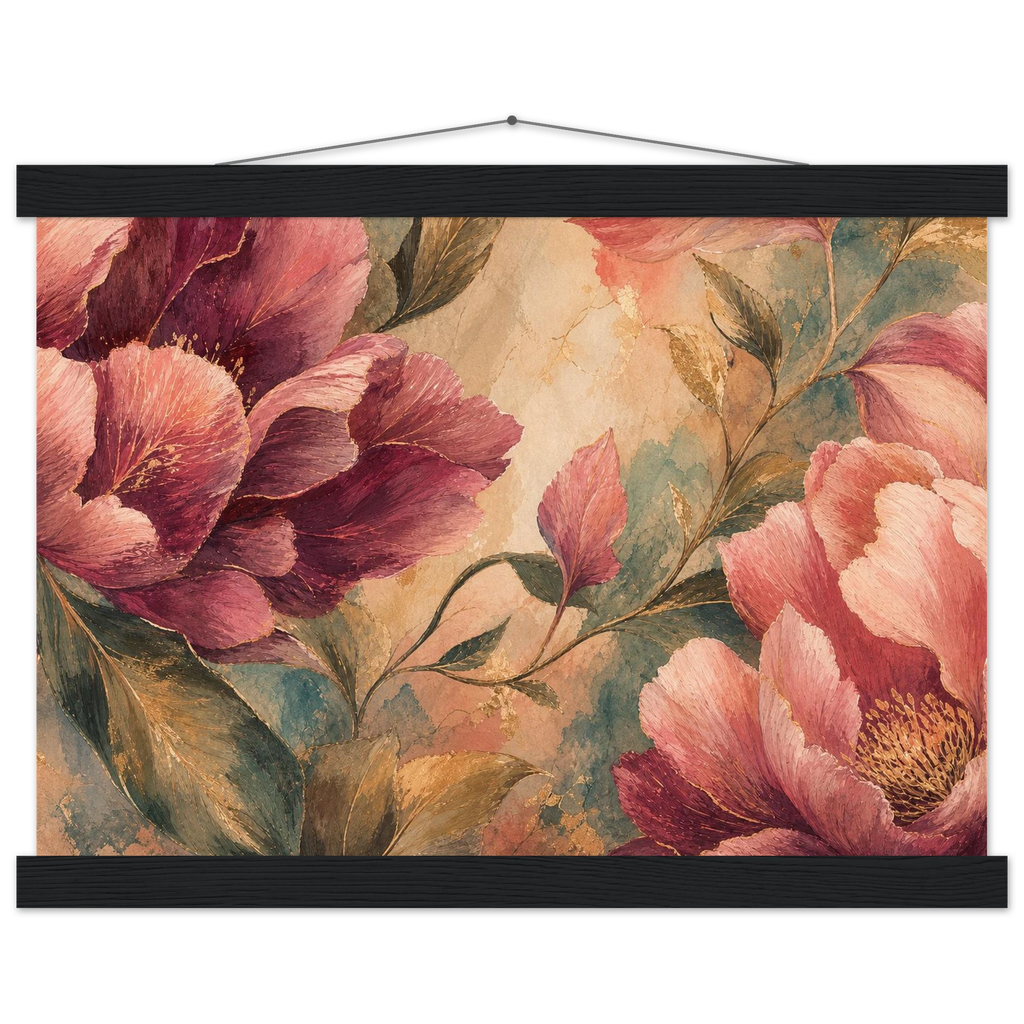 Crimson Peonies: flowers and botanical. Fine art poster, alternate frame and size.