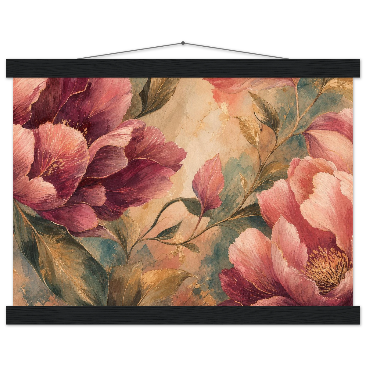 Crimson Peonies: flowers and botanical. Fine art poster, alternate frame and size.