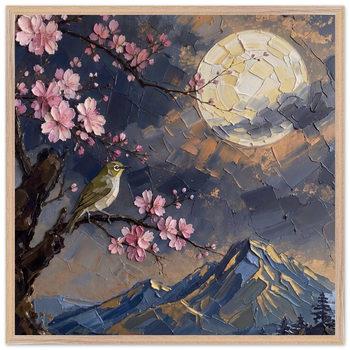 Blossom Moon: cherry blossom, japanese landscape and night. Framed fine art print by The Light Stays.