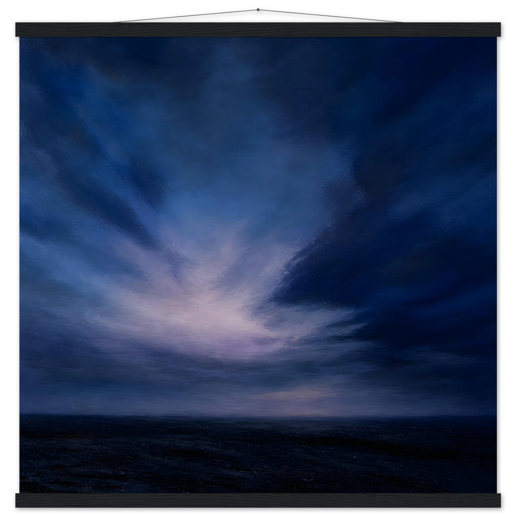 Blue Hour Field, night, horizon and deep blue. Archival fine art poster shown framed.