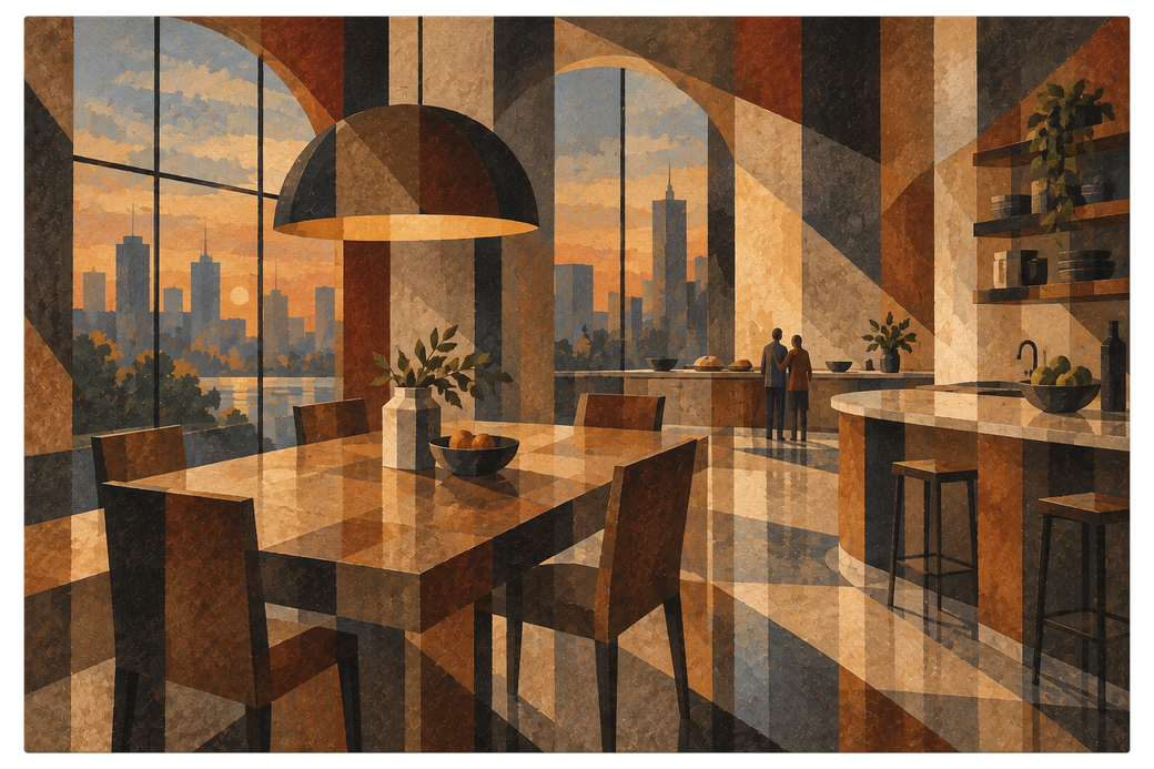 Warm kitchen and dining room at sunset, pendant lamp over a table, two figures by the counter, skyline beyond, shown as the object on gallery canvas, no frame