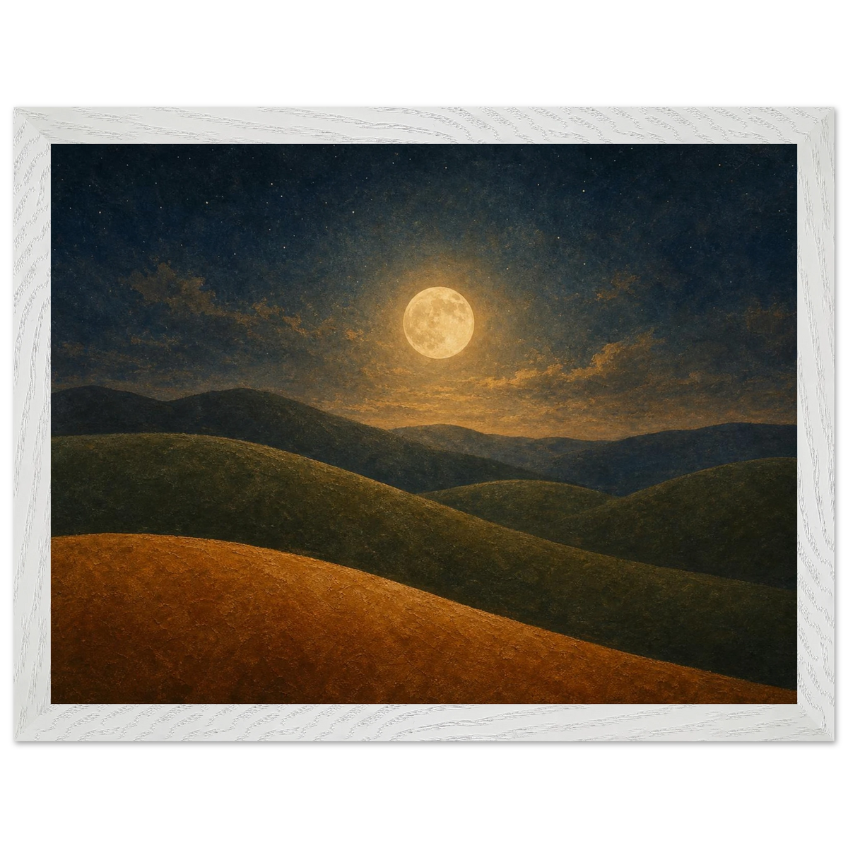 Moon Hills: night, minimalist landscape and charcoal. Framed fine art print by The Light Stays.