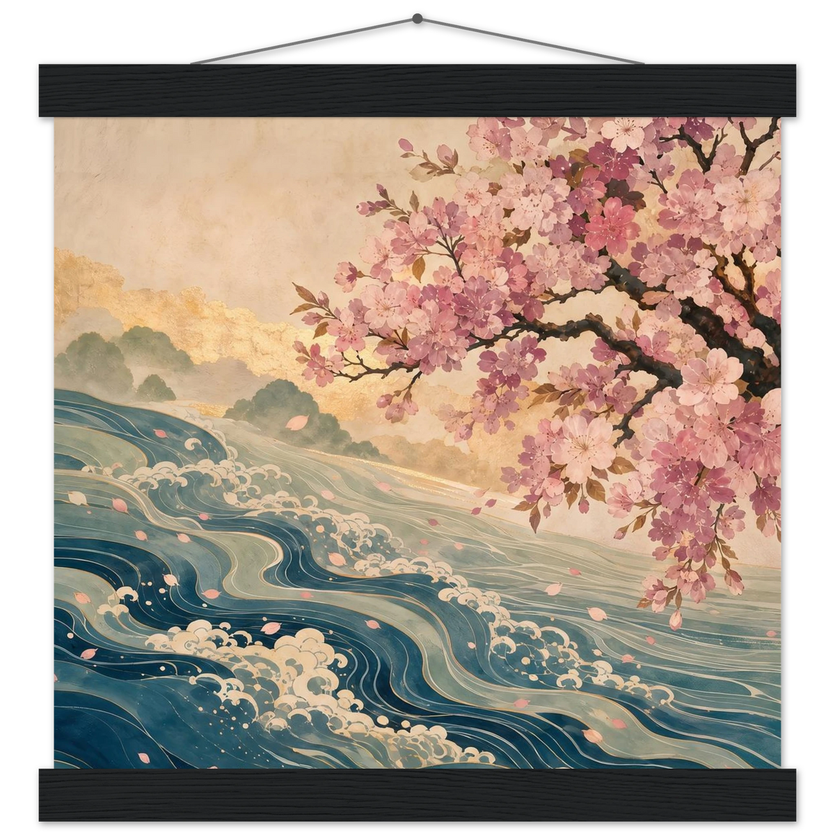 Blossom Tide: japanese art, cherry blossom and wave. Fine art poster with wooden hanger by The Light Stays.