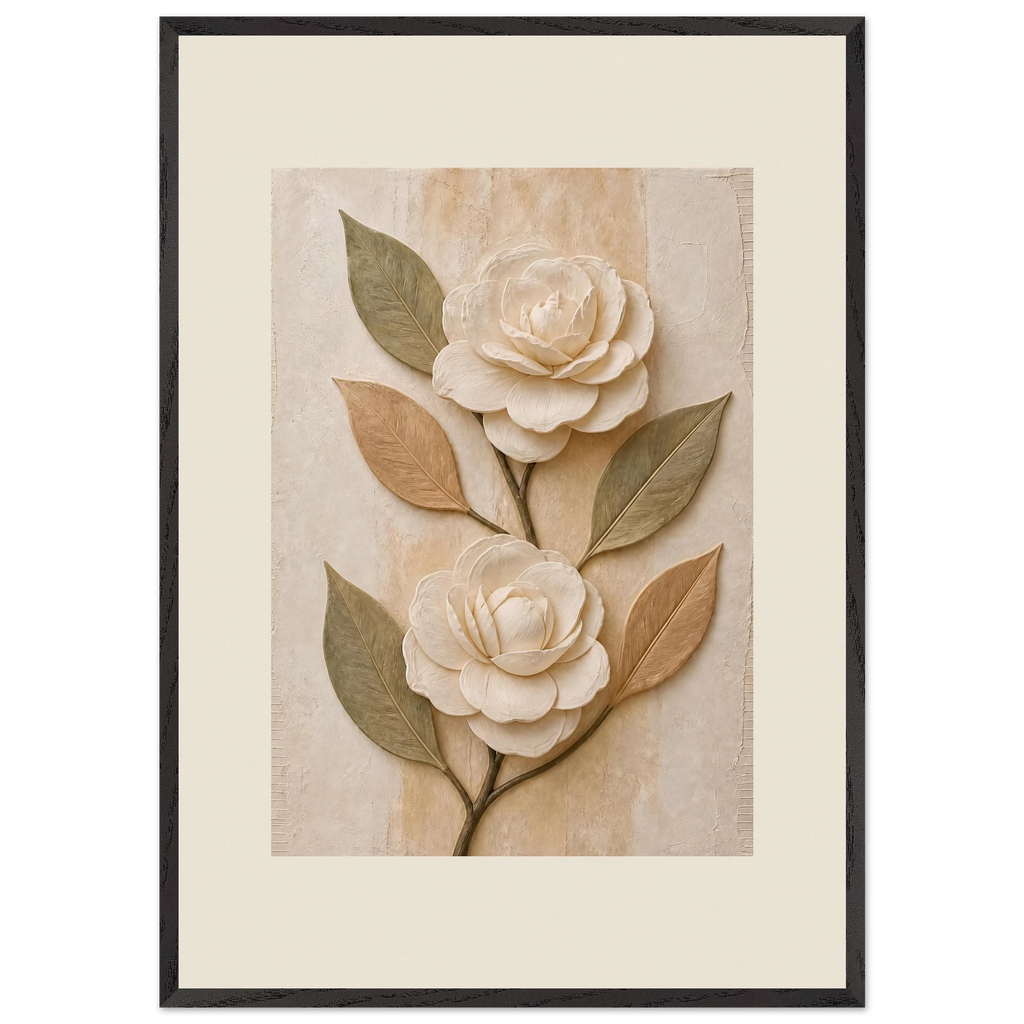 Carved Camellia, flowers and botanical. Archival framed fine art print shown framed.