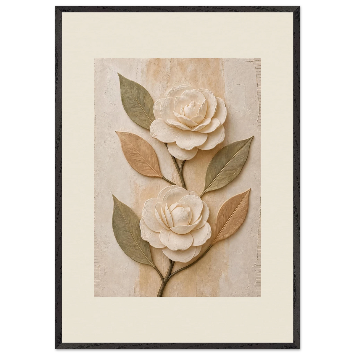 Carved Camellia, flowers and botanical. Archival framed fine art print shown framed.