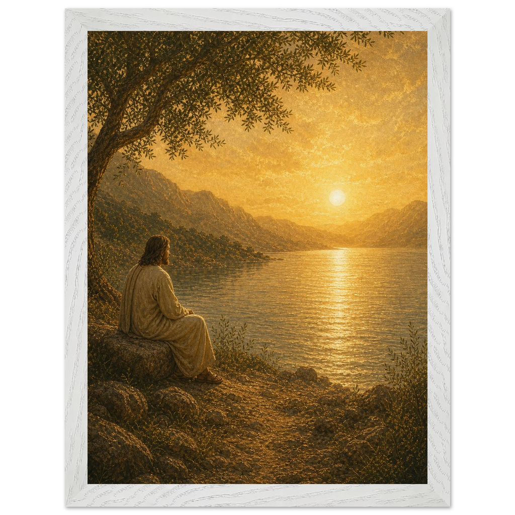 Quadro cristão Bênção do Lago, Jesus sob uma oliveira diante de um lago dourado