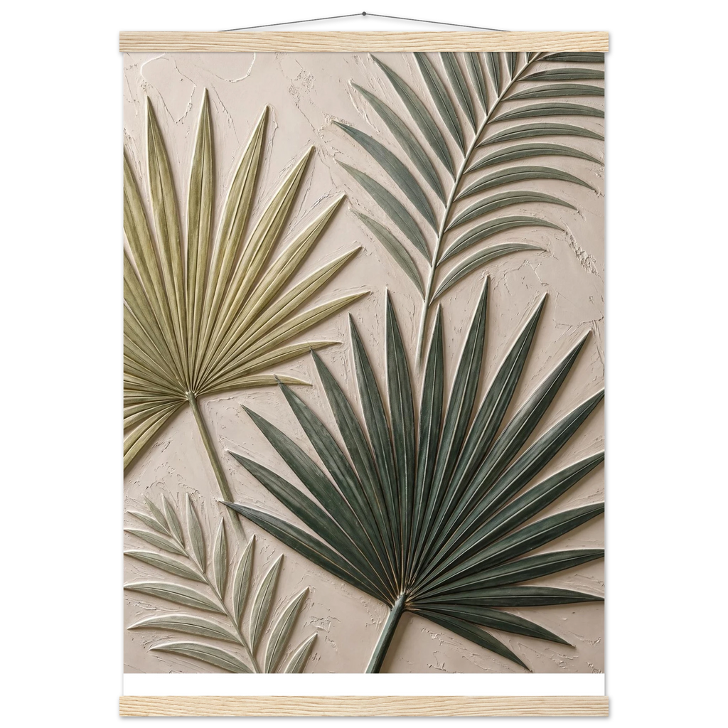 Carved Fronds: impasto, leaves and sand tones. Museum-quality fine art poster.