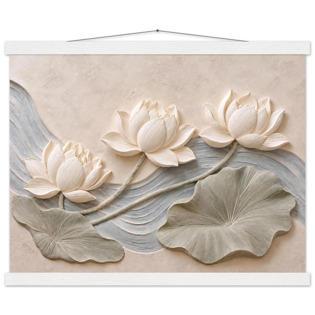 Lotus Current, flowers and botanical. Archival fine art poster shown framed.