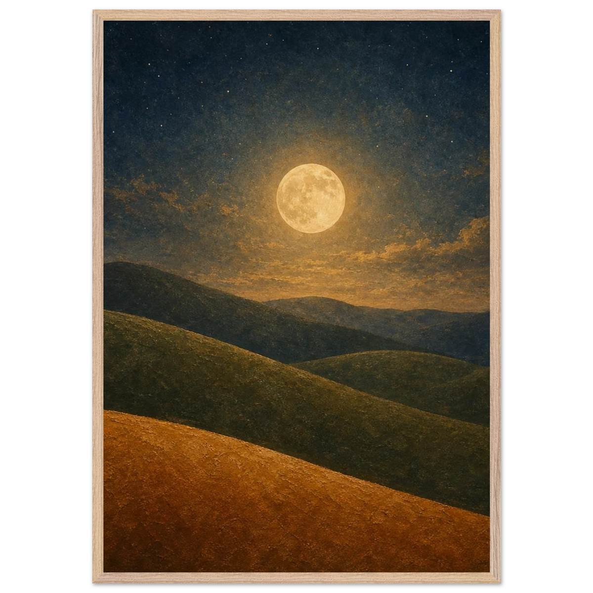 Moon Hills: night, minimalist landscape and charcoal. Framed fine art print by The Light Stays.