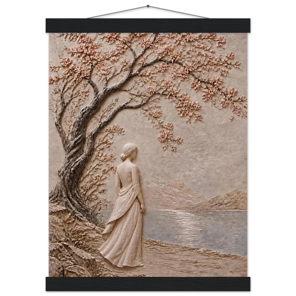 Spring Walk: impasto, lake and blossoming tree. Fine art poster, alternate frame and size.