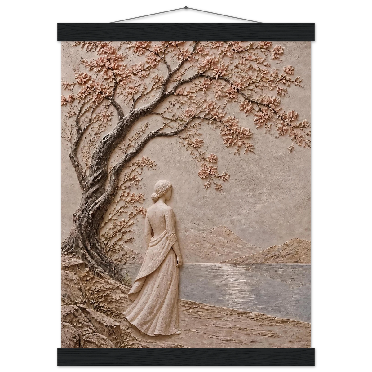 Spring Walk: impasto, lake and blossoming tree. Fine art poster, alternate frame and size.