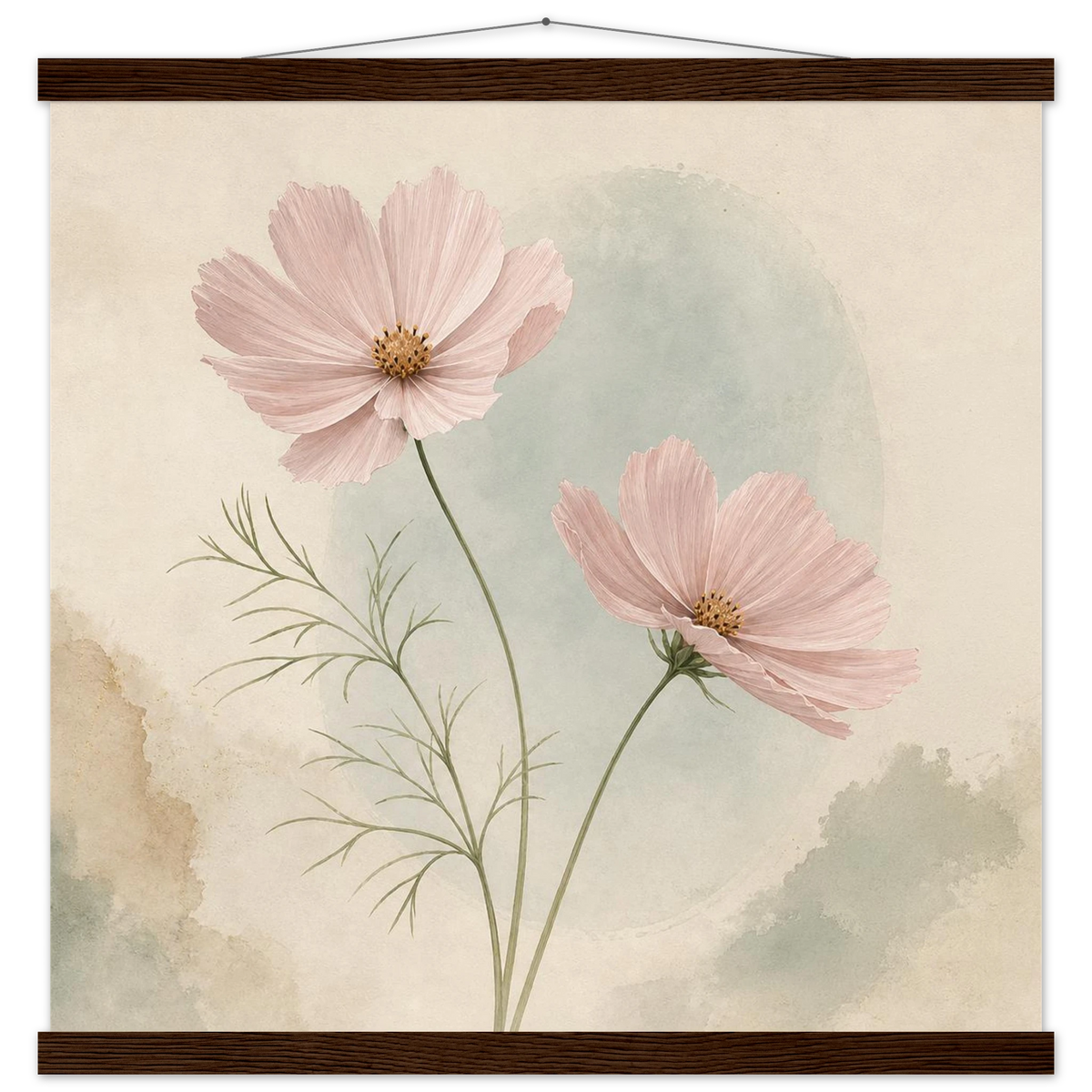 Cosmos Unison: flowers, blush and celadon. Fine art poster with wooden hanger by The Light Stays.