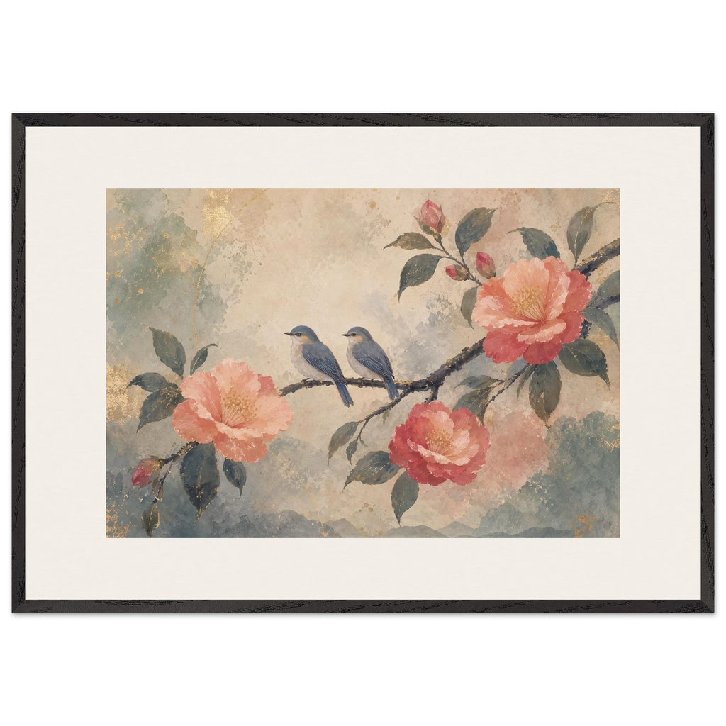 Camellia Birds, flowers and botanical. Archival framed fine art print shown framed.