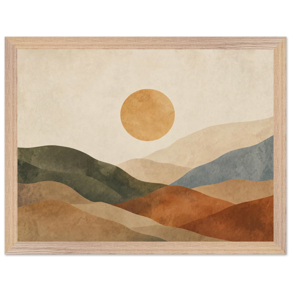 Kindled Earth: sun, hills and ochre palette. Framed fine art print by The Light Stays.