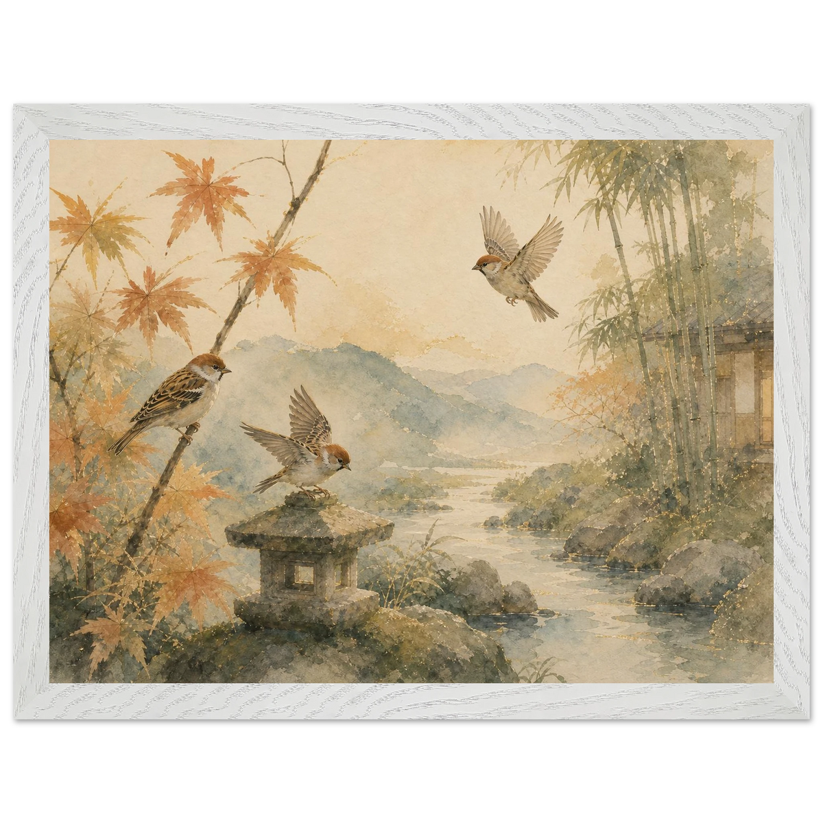 Three Birds Morning: birds, japanese landscape and japandi. Framed fine art print by The Light Stays.