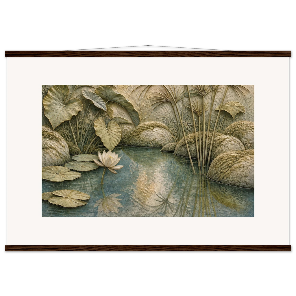Papyrus Pond, lake, papyrus and serene greens. Archival fine art poster shown framed.