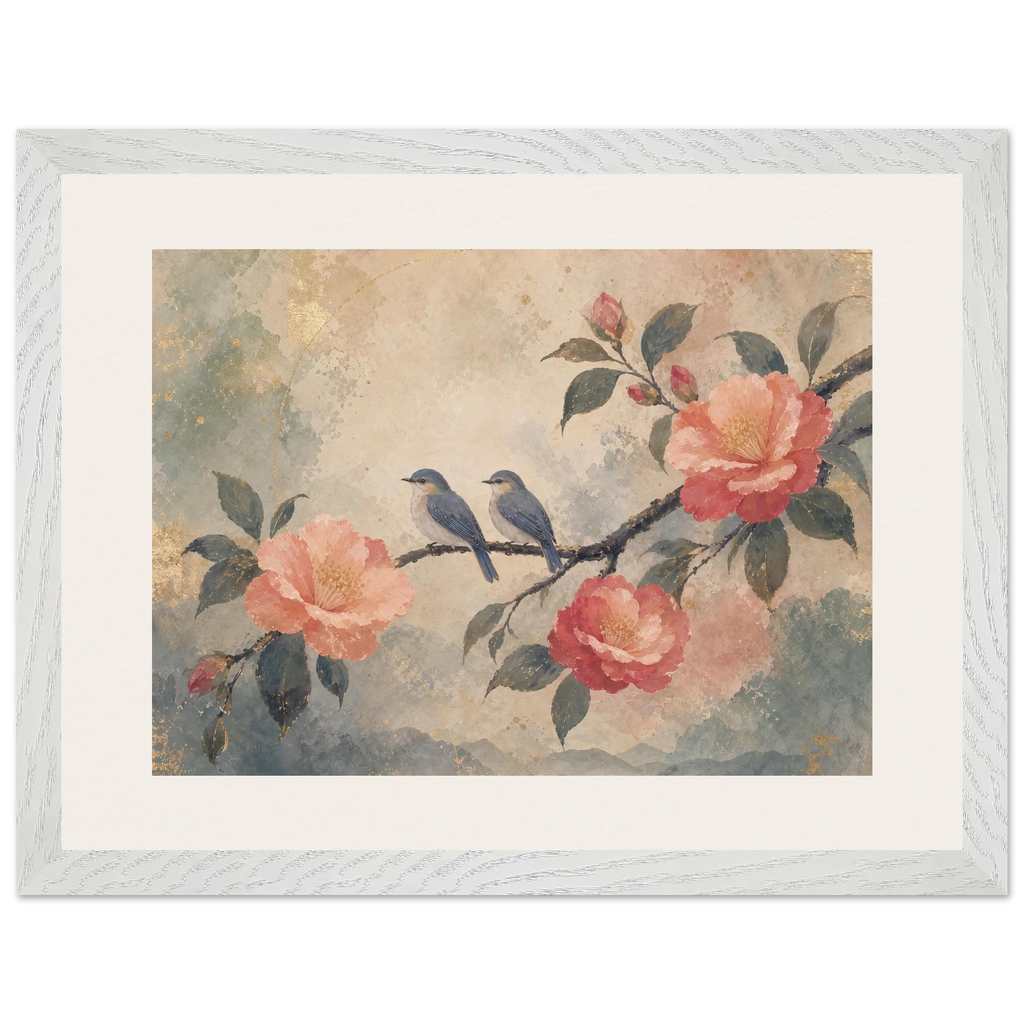 Camellia Birds: flowers and botanical. Framed fine art print, alternate frame and size.