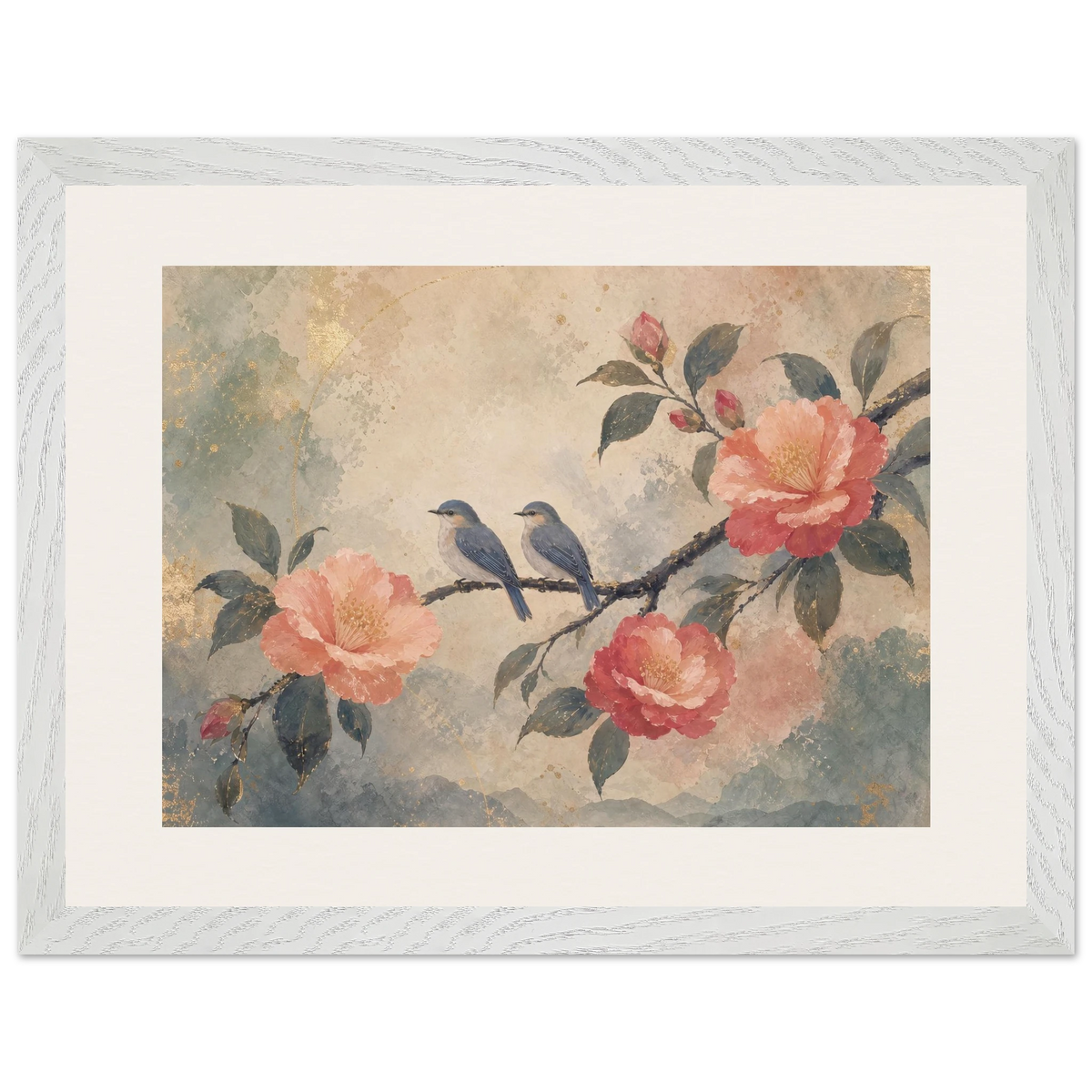 Camellia Birds: flowers and botanical. Framed fine art print, alternate frame and size.