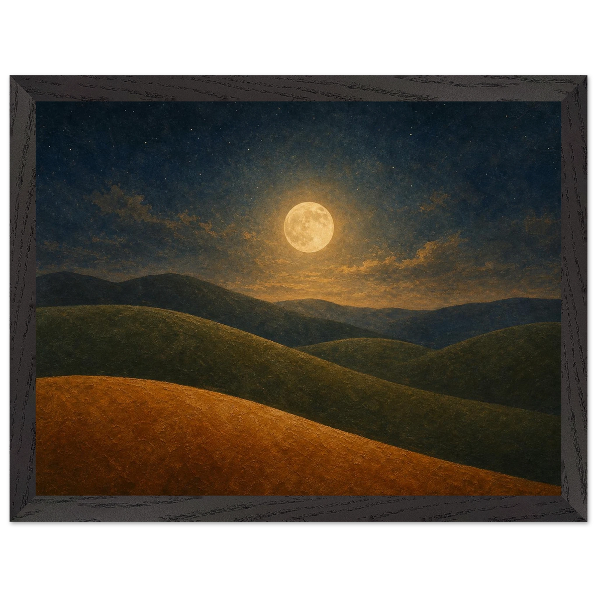Moon Hills: night, minimalist landscape and charcoal. Framed fine art print by The Light Stays.