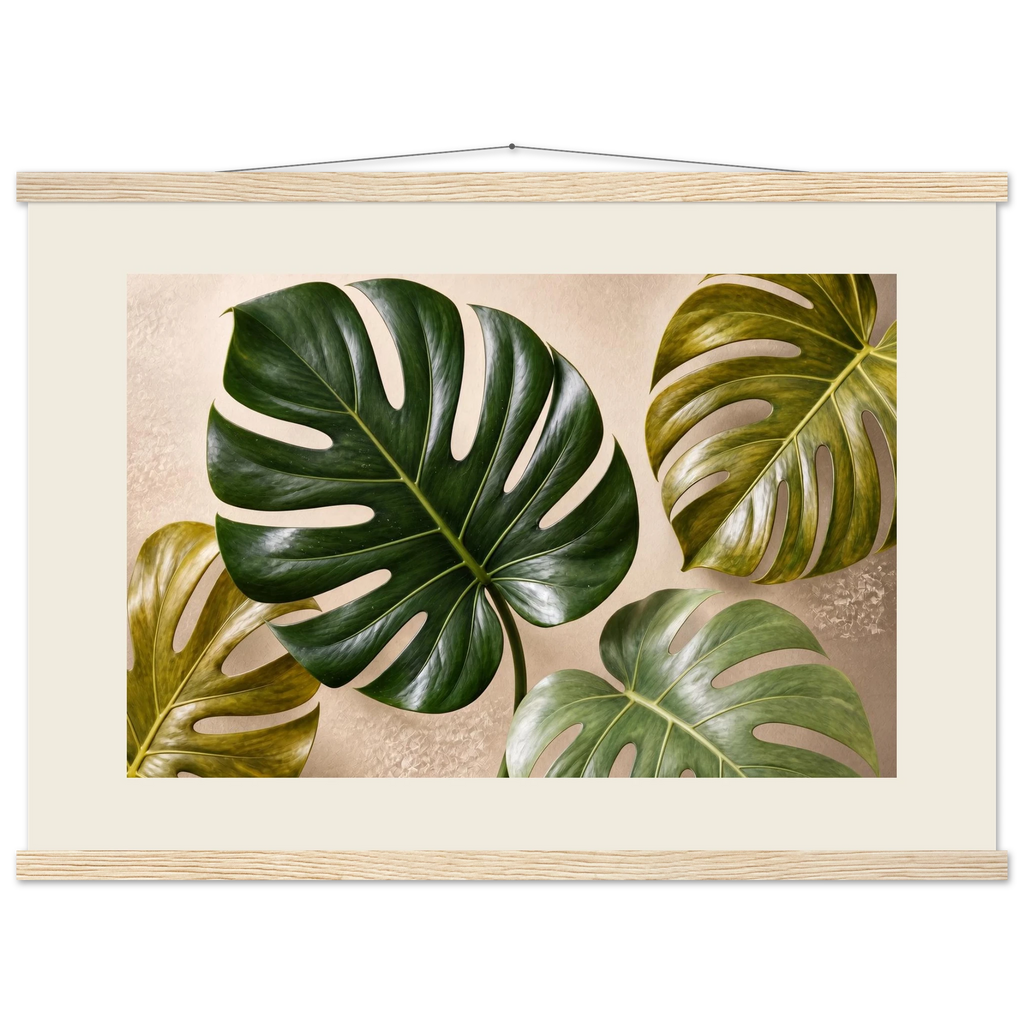 Four Greens: leaves, vivid green and impasto. Museum-quality fine art poster.