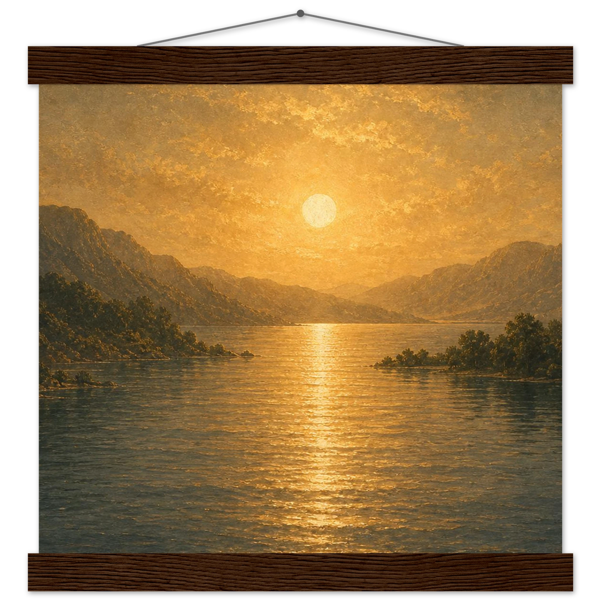 Golden Reflection: lake, sunset and mountains. Fine art poster with wooden hanger by The Light Stays.