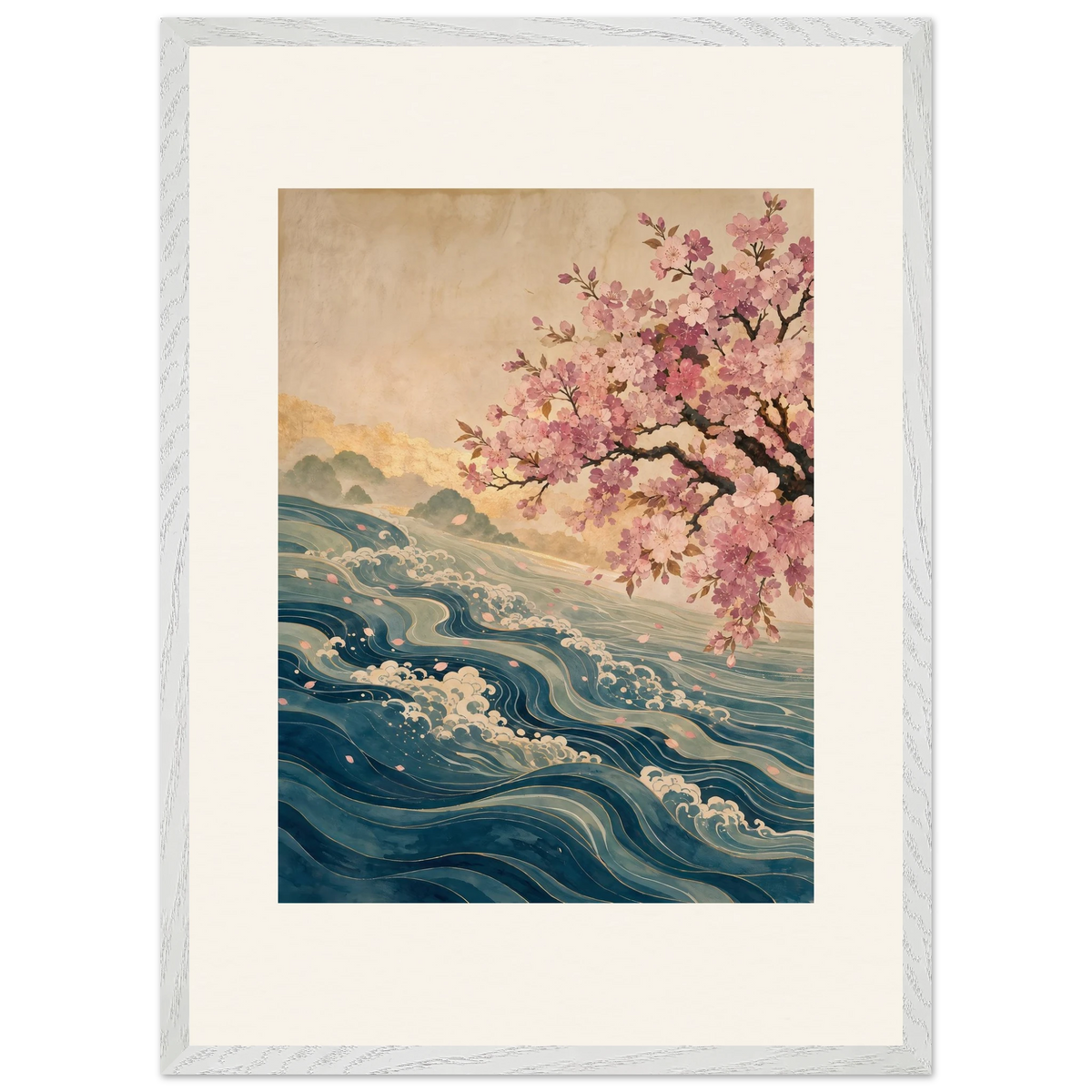 Blossom Tide, japanese art, cherry blossom and wave. Archival framed fine art print shown framed.