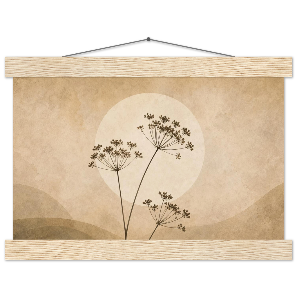 Pôster Wild Stems com suporte de madeira, hastes botânicas suaves em composição circular