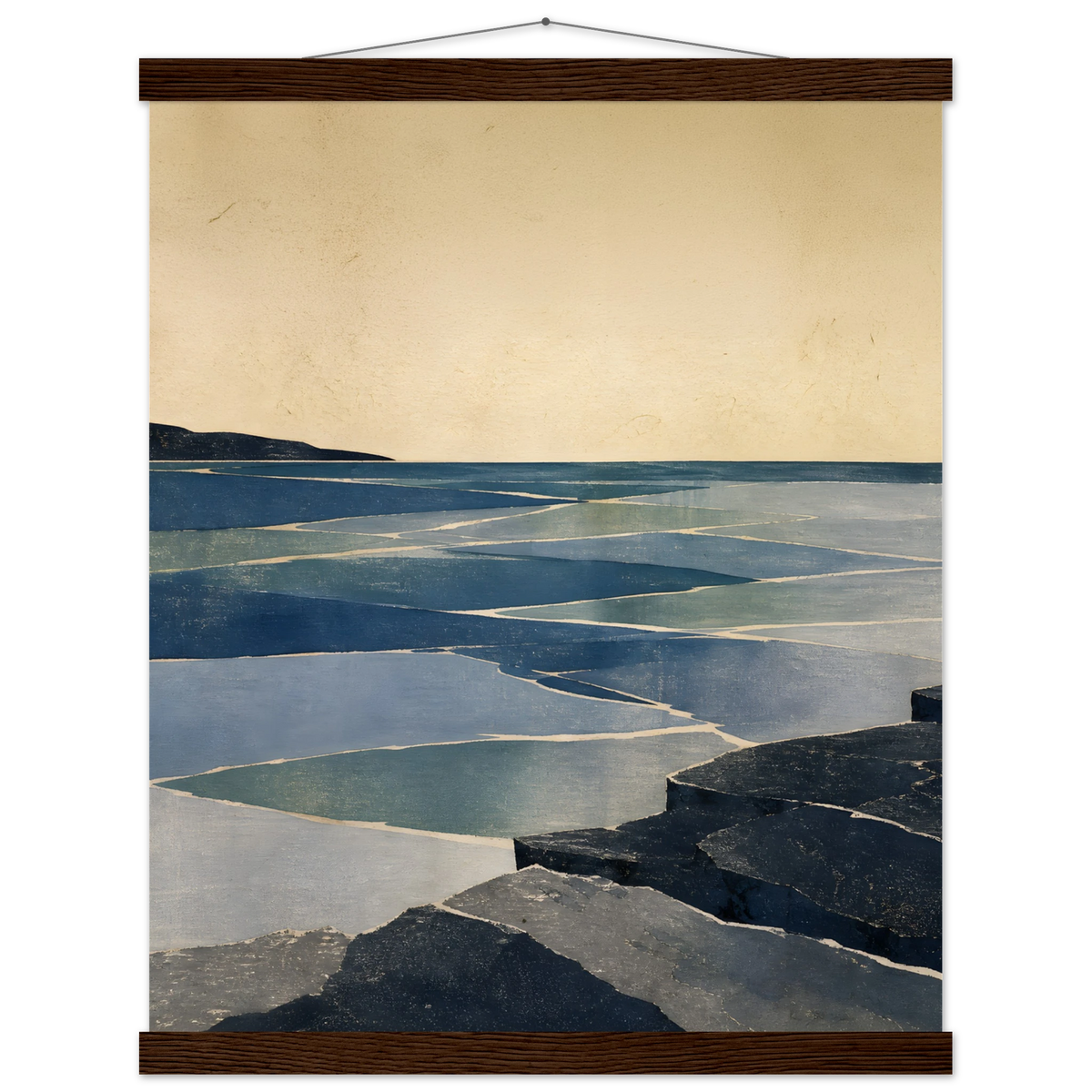 Indigo Tide: coastal landscape, jade water and japandi. Fine art poster with wooden hanger by The Light Stays.