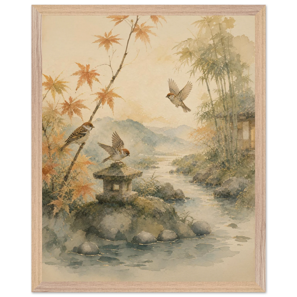 Three Birds Morning: birds, japanese landscape and japandi. Framed fine art print by The Light Stays.