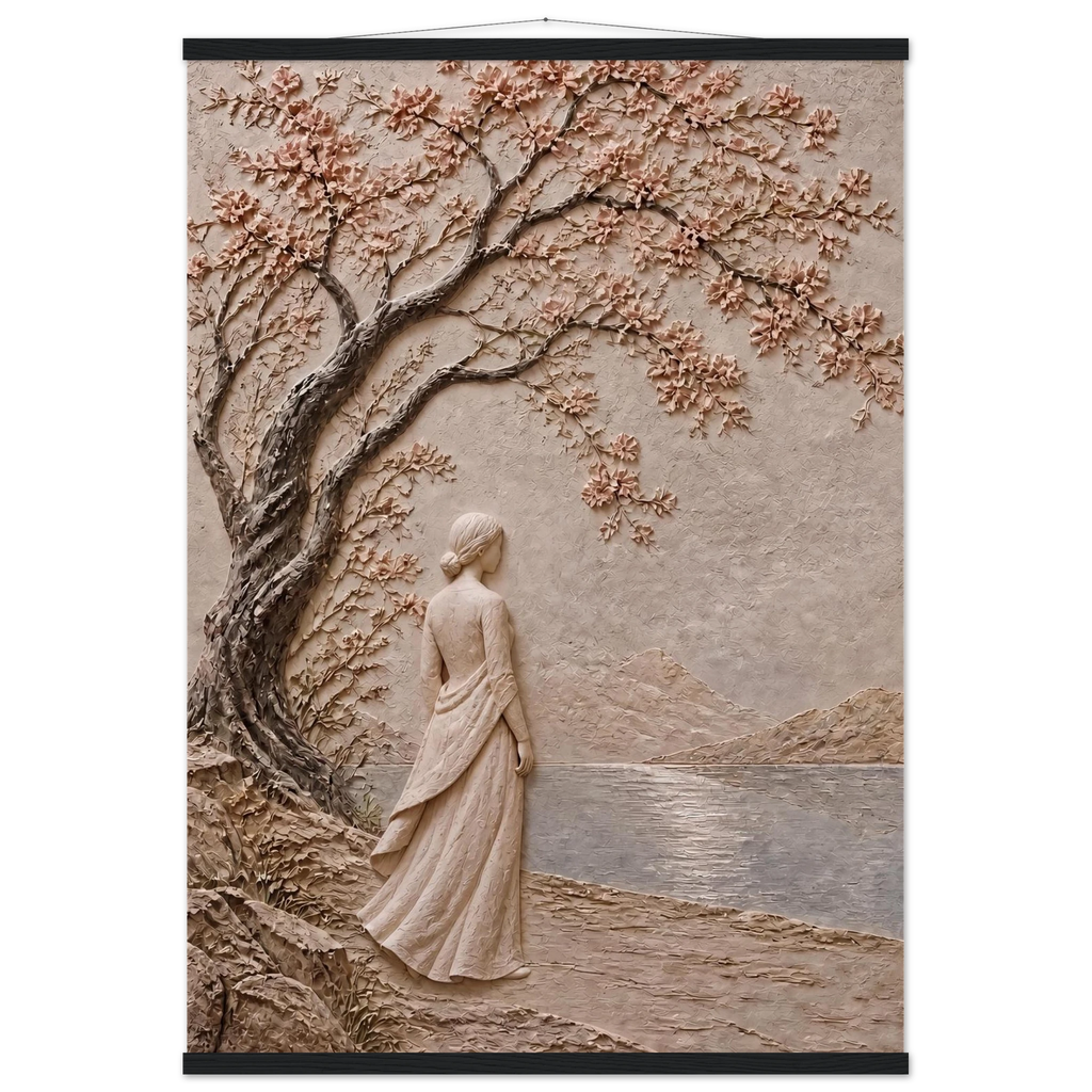 Spring Walk, impasto, lake and blossoming tree. Archival fine art poster shown framed.